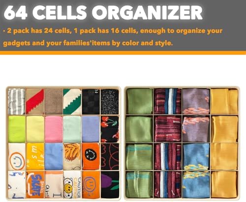 SpaceAid Sock Drawer Organizer Divider 3 Pack, 64 Cell Dresser Closet Nursery Underwear Organizers Storage Bins for Organizing Socks Underwear Ties Belts (Beige) - Image 5