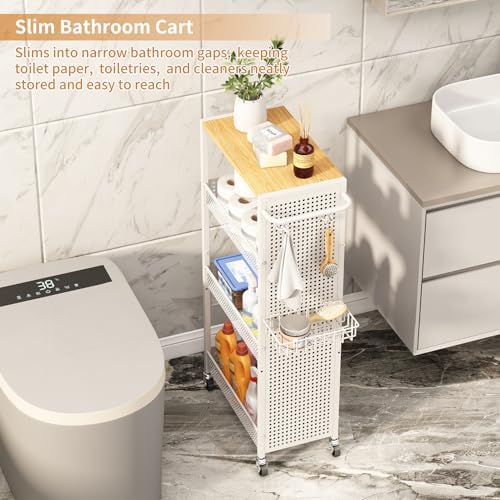 Slim Storage Rolling Cart: 4-Tier Narrow Metal & Wood Utility Cart with Wheels for Kitchen/Laundry/Bathroom(White) - Image 5