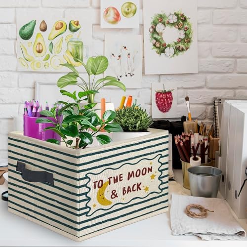 to the Moon and Back Kids Nursery Foldable Storage Bins Box with Handles, Retro Blue Striped Playroom Collapsible Toys Books Clothes Organizer Basket for Kids Nursery Room Bedroom Bathroom - Image 2