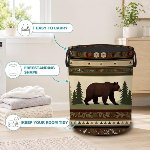 Laundry Hamper,Rustic Bear Forest Collapsible Laundry Basket with Handles,Lodge Cabin Waterproof Oxford Cloth Clothes Organizer for Bedroom Bathroom Dorm Nursery,16 x 20 Inch - Image 3