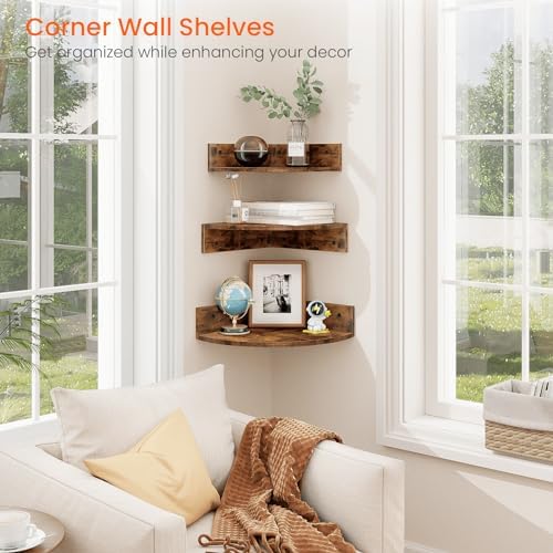 Homode Corner Shelf Wall Mount, Set of 3 Floating Corner Shelves with Cord Hole, 3 Tier Wood Wall Display Shelf, Storage for Bathroom Living Room Kitchen Bedroom, Rustic Brown and Black - Image 4