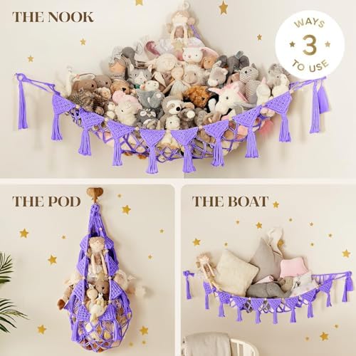 TIDYTEDS Macrame DreamLights Boho Stuffed Animal Storage Net Hammock Extra Large Plush Toy Storage Holder For Small Or Large Plushies PURPLE (Purple) - Image 4