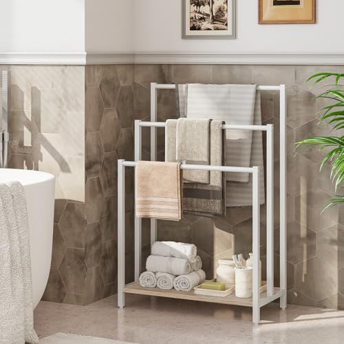 HOOBRO Free Standing Towel Rack, 3 Tier Blanket Rack, Blanket Holder for Bathroom, 16.9" L x 11" W x 31.9" H, Industrial Metal Drying and Display Rack with Shelf, White and Grey WG03LB01 - Image 2