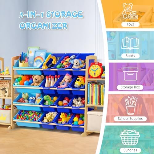 Kids Toy Storage Organizer with Bookshelf – Wooden Shelf with 16 Bins & 6 Shelves, Quick Assembly Storage Rack for Playroom, Bedroom, Nursery - Blue - Image 6
