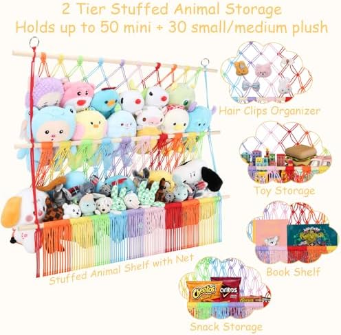 2 Tier Stuff Animal Storage Shelf Net 35x30'' Large Stuffy Storage Rainbow - Image 6