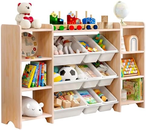 MallBest 57" Extra Wide Toy Storage Organizer and Kids Bookshelf, Solid Pine Wood Frame Playroom Organizer with 9 Bins, 4-Tier Toy Organizer for Kids Room, Nursery and Bedroom, Natural by MallBest