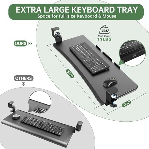 UPGRAVITY Extra Large Keyboard Tray Under Desk - Slide Out with Sturdy C-Clip Mount System, 31.5" (35.8" Including Clamps) x 11.8" Put-Out Keyboard Tray Computer Drawer for Ergonomic Typing, Black - Image 2