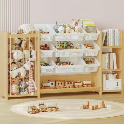 3-in-1 Montessori Toy Organizer with Bookshelf, 9 Clear Bin & Plush Storage by AnmonPeelandStickWallpaper