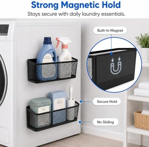 2 Pack Magnetic Shelves for Washer and Dryer, Black Metal Baskets - Image 3