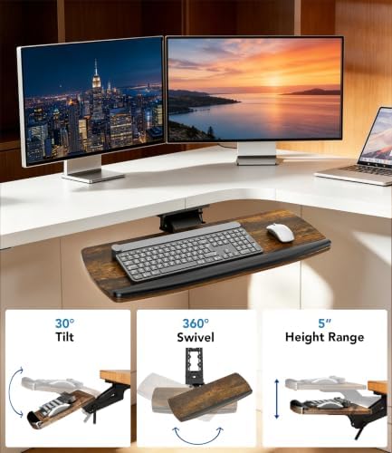 AX WABER Keyboard Tray Under Desk with Storage Drawer, Height Adjustable Keyboard Tray Slide Out 360° Swivel Tilt, Ergonomic Under Desk Mount Keyboard & Mouse Holder for Gaming Home Office, Vintage - Image 4