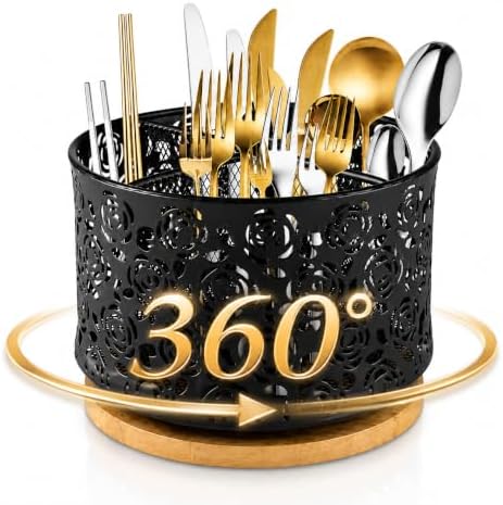 Kitchen Utensil Holder,Utensil Caddy for Party,360 Rotating Cutlery Organizer with Wooden Base,Metal Flatware Organizer Countertop with 4 Compartment,Spoons Forks Caddy for Camping Picnic by Unknown
