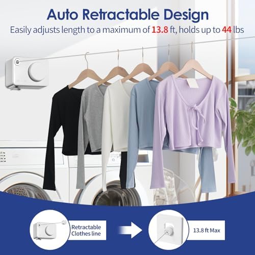 Retractable Clothesline Indoor, Non-Sagging Clothes Line Retracting Outdoors,13.8Ft Heavy Duty Clothes Drying Laundry Line, Wall Mounted Clothesline with 5pcs Hooks (RectangleWhite) - Image 2
