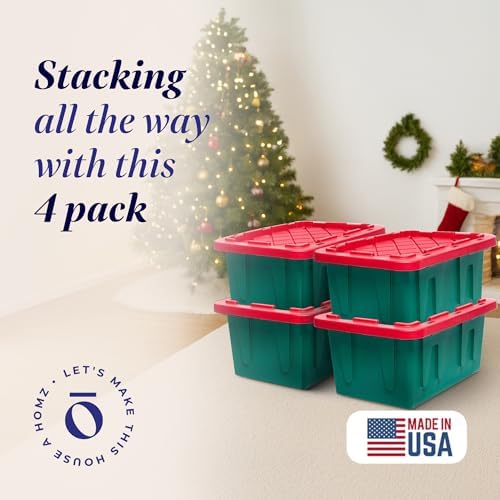HOMZ Durabilt Plastic Storage Bins with Lids, 27 Gal, Green/Red, 4 Pack - Image 2