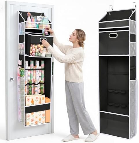 Ordovibe Wrapping Paper Storage Organizer, Over The Door Gift Wrap Holder with Removable Drawer & Side Mesh Pockets – Space Saving Closet Organizer for Christmas, Halloween, Birthday Rolls Supplies Black by ORDOVIBE