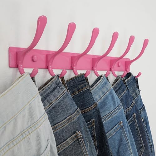 SKOLOO Coat Rack Wall Mounted - 6 Hooks, Heavy Duty, Stainless Steel, Metal Wall Hangers, Sturdy Coat Hooks for Hanging Coats, Jacket, Clothes, Hat, Pink - Image 4