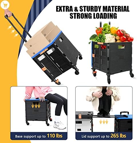 Foldable Utility Cart Folding Portable Rolling Crate Handcart Handcart Shopping Trolley Wheel Box with Lid,360°Rotate Wheels,Heavy Duty Durable Dolly Cart for Teacher Tourist Shopping Office Outdoor - Image 6