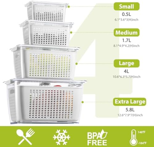 LUXEAR 4 Pack Fruit Vegetable Containers for Fridge, Produce Saver Container with Lids &Removable Colander BPA-free Refrigerator Storage Organizer for Fruit Vegetable, Berry, Meat keep Fresh Longer - Image 2