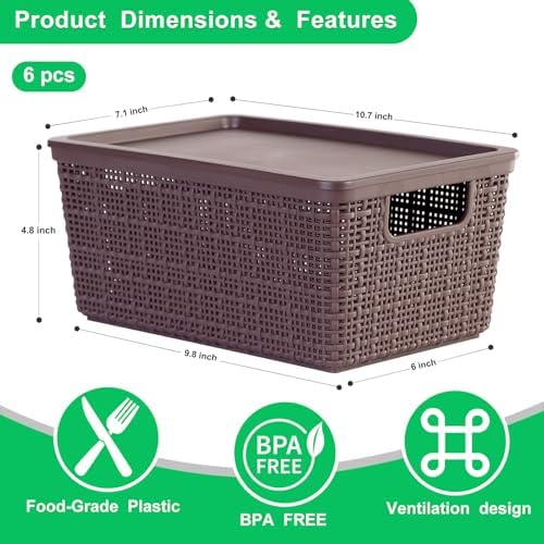 6 Pack Plastic Storage Baskets with Lid,Brown Stackable Bins - Image 3