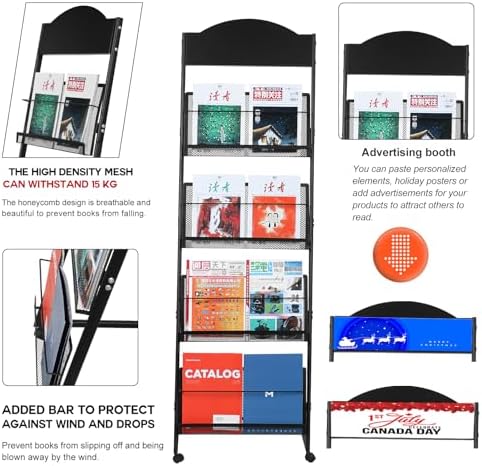 LIWSHWZ Brochure Display Stand,4-Tier Magazine Rack,Floor-Standing Magazine Literature Display Stand with Wheels,High-hardness metal,for Shop Exhibitions Office - Image 4