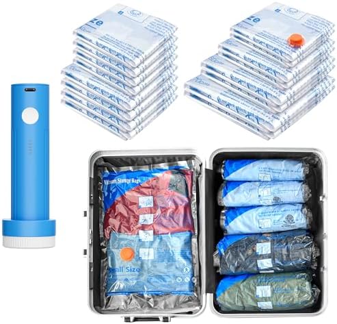 16 Pack Vacuum seal bags for clothing With Coldless Pump, Vacuum Storage Bags,Space Saver Sealer Bags, Pillows, Comforters, Blankets, Bedding,Travel by MEIQIHOME