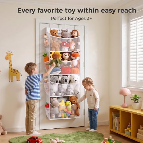 Over Door Stuffed Animal Storage Organizer Large Plush Toy Holder with Mesh Window White - Image 2