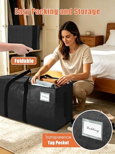 SWEET DOLPHIN 12 Pack 200LB Heavy-Duty Moving Bags with Wrap-Around Handles, Extra Large Storage Totes for Space Saving, Clothes Storage Bags, College Dorm Essentials, Black, 24 Gal - Image 3