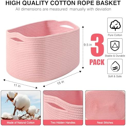 ICERZCZ Storage Baskets for Organizing Shelves, Pink Basket for Nursery, Woven Cotton Rope Baskets for Storage, Towel Basket for Bathroom, 15"x11"x9.5", 3 Packs, Light Pink - Image 3