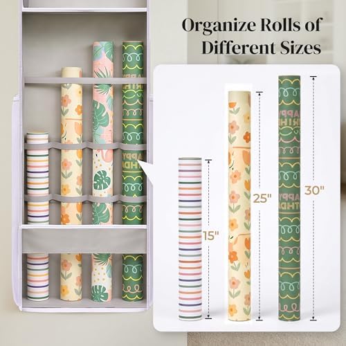 Ordovibe Wrapping Paper Storage Organizer, Over The Door Gift Wrap Holder with Removable Drawer & Side Mesh Pockets – Space Saving Closet Organizer for Christmas, Halloween, Birthday Rolls Supplies Gray - Image 5