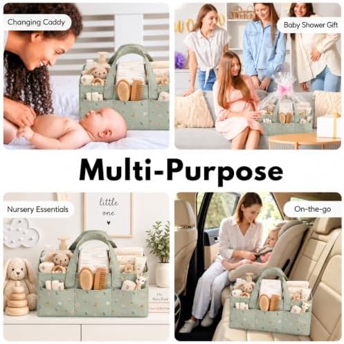 PeraBella Baby Diaper Caddy Organizer, Floral Baby Basket Shower Gift, Nursery Organizer Basket Newborn Boy & Girl Essential Items, Changing Table Organizer Caddy for Baby Stuff, Car Caddy- Sage Green - Image 7