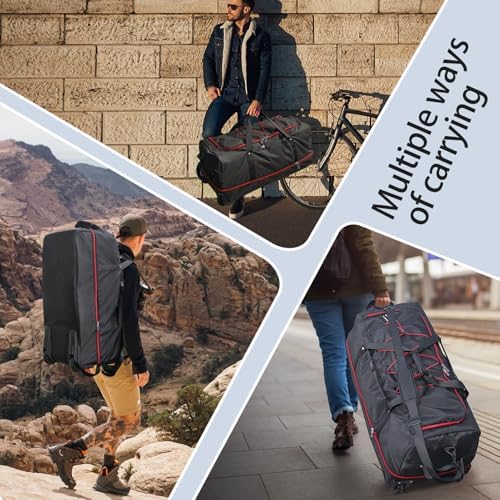 110L Expandable to 140L 32” Foldable Oxford Soft-Sided Rolling Duffle Bag with 2 Heavy-Duty Wheels,2 Large Compartments,Adjustable Shoulder Strap and Attached Organizer Pouch,Black Red - Image 6