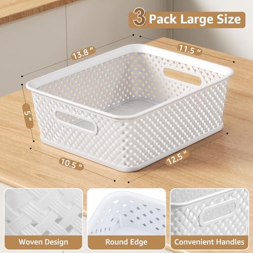 MaxGear 3 Pack Plastic Storage Baskets, Large, White - Image 3