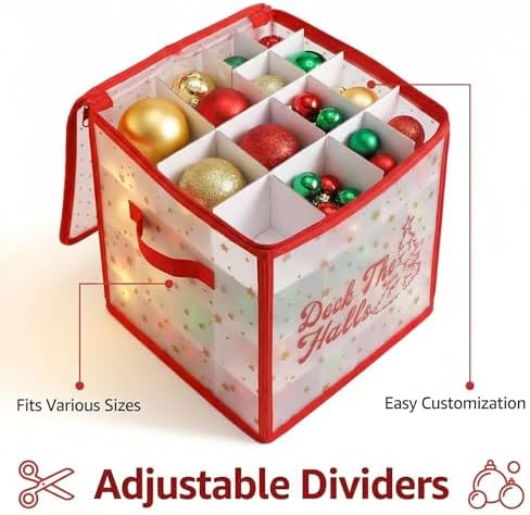 2-Pack Christmas Ornament Organizer Box with Adjustable Dividers for 64 Balls - Frosted Holiday Decor Storage Container, Space-Saving Plastic Christmas Ornaments Protection - Image 3