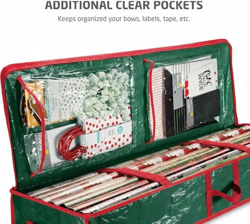 ZOBER Gift Wrapping Paper Organizer Storage - 40" Gift Wrap Storage Containers with Interior Pockets for Bows, Tags & Ribbons - Wrapping Paper Holder, Waterproof, Fits 24 Standard Rolls, Green - Image 4