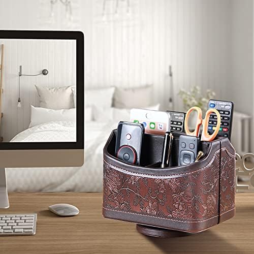 YAPISHI Antique Leather Remote Control Holder, 360 Degree Spinning Desk TV Remote Caddy/Box, Bedside Table Organizer for Controller, Media, Calculator, Mobile Phone and Pen Storage - Image 5