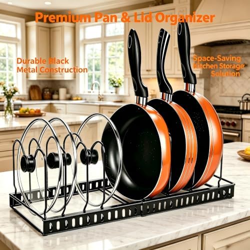 Metal Pot and Pan Organizer, 2-Section Heavy-Duty Expandable Rack, 7 Adjustable Dividers Multi-Purpose Storage for Cookware, Pot Lids, Cutting Boards & Bakeware, Cabinet & Countertop - Image 3