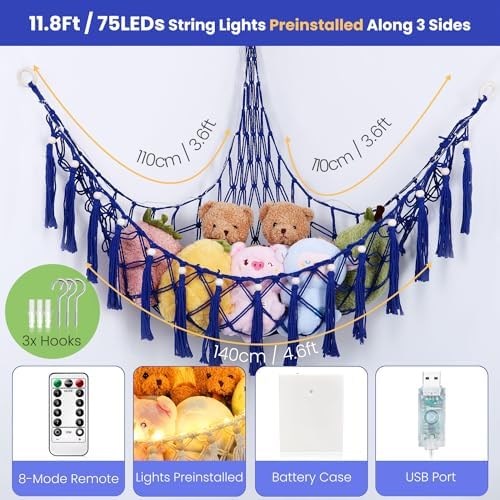 Stuffed Animal Hammock, 55in Storage Macrame Hammock with 75LEDs, Hanging Net for Kids Bedroom Doll Room Corner Organizer, USB Powered Plush Animal Storage Net with Remote (Dark Blue, XL) - Image 6