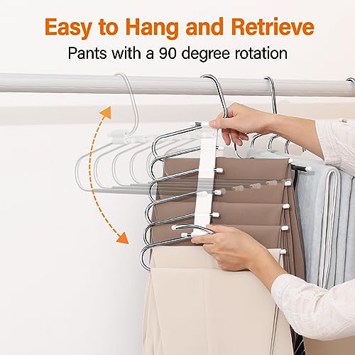 Upgraded Collapsible Pants Hangers Space Saving, 6 Layers Clothes Rack, Stainless Steel Multifunctional Closet Organizer, Non Slip Metal Hangers for Pants Jeans Skirts Trousers (2 Pack) - Image 3
