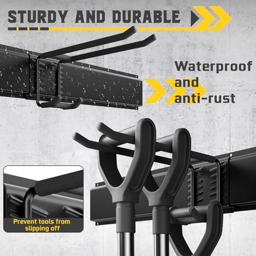 96" Garage Tool Organizer Wall Mount, 1250lbs Heavy Duty Garden Tool Storage Rack with 15 Adjustable Hooks for Yard, Shed, Garage (6 Racks, 15 Hooks, 2 Straps, Steel) - Image 4