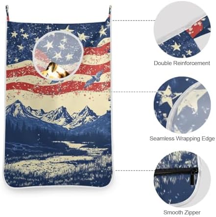 July 4th Flags Mountains Blue Door Hanging Laundry Hamper Bag with Free Adjustable Stainless Steel Hooks Dirty Clothes Hamper Extra Large Over the Door Laundry Hamper 29.5X20inch 2Pack - Image 5