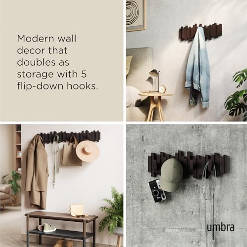 Umbra Sticks Wall Mount Coat Rack, 5 Hook Retractable Pegs, Espresso - Image 4
