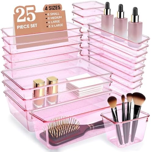 Kitchen Desk Drawer Organizers Storage for Office, Small Acrylic Vanity Trays Makeup Organizer for Drawer Bathroom Plastic Make up Organizers 25 Pcs Pink by Unknown