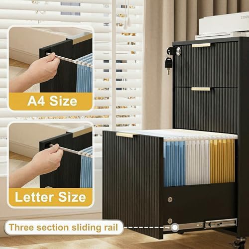3 Drawers Fluted Mobile File Cabinet with Lock, Rolling File Cabinet Printer Stand Table, Under Desk Wooden Filing Cabinets for Home Office Essentials Storage Organization Furniture Letters/A4(Black) - Image 3