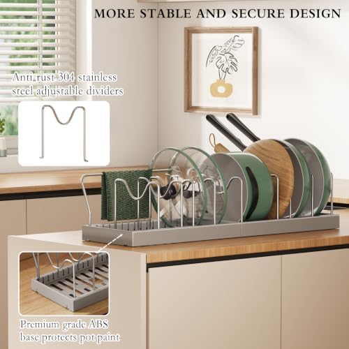 CICUFY 4 Pack Pots and Pans Organizer Under Cabinet, 12"-23" Pot Lid Holder Rack Inside Cabinet with 10 Adjustable Dividers, Pan Lid Organizer with Guardrail For Kitchen Countertop, Gray - Image 4