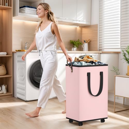 SpaceTrove Rolling Laundry Basket with Wheels, Laundry Hamper, 80L, Pink - Image 5