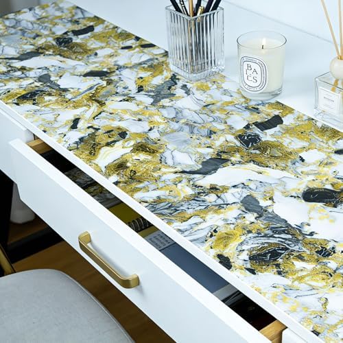 Drawer and Shelf Liner - Yellow Black Marble Pattern,Non Adhesive - Image 2