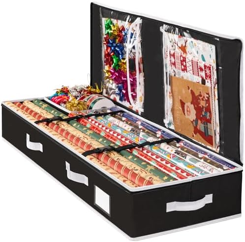 Criusia Gift Wrapping Paper Organizer Storage, Durable Underbed Storage Container Fits 24 Rolls, with Removable Dividers and Pockets for Ribbon, Ornaments, Holiday Accessories, Black by Criusia