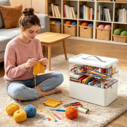 19QT Large Plastic Craft Organizers and Storage Box,3-Layer Portable Craft Storage Container with Handle,Art Supply Storage Organizer,Sewing Box Organizer - Image 2