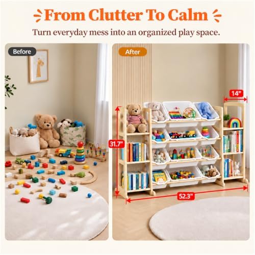Toy Storage Organizer with Bookshelf – Wooden Toy Organizer with 12 Toy Bins & 6 Tier Bookcase,Quick Assembly Kids Bookshelf,Toy Bin for Playroom, Bedroom, Nursery– White - Image 2