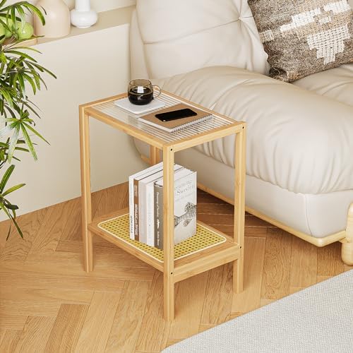 Bamworld Side Table Nature Rattan End Table 2-Tier with Storage Boho by Bamworld