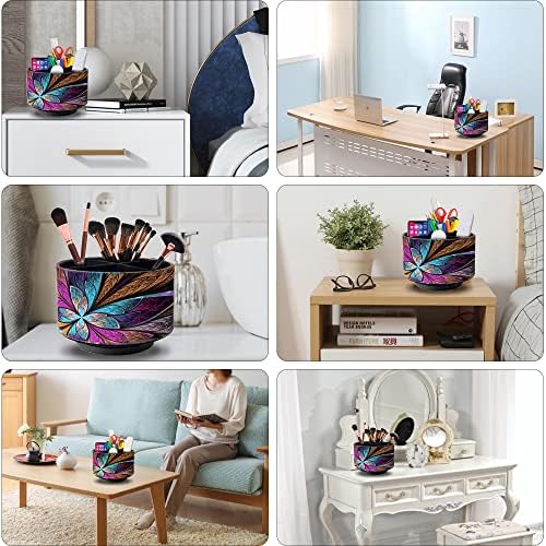 Remote Control Holder Round Leather Art Supply Organizer, PU Leather Pencil Stationery Desk Storage Makeup Organizer for Heater Controllers TV Remotes, 4 Compartments, 360 Degree Spinning - Image 5